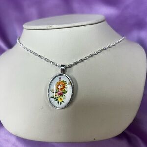 Floral Porcelain Oval Pendant Necklace - Silver Chain, Multi-Color